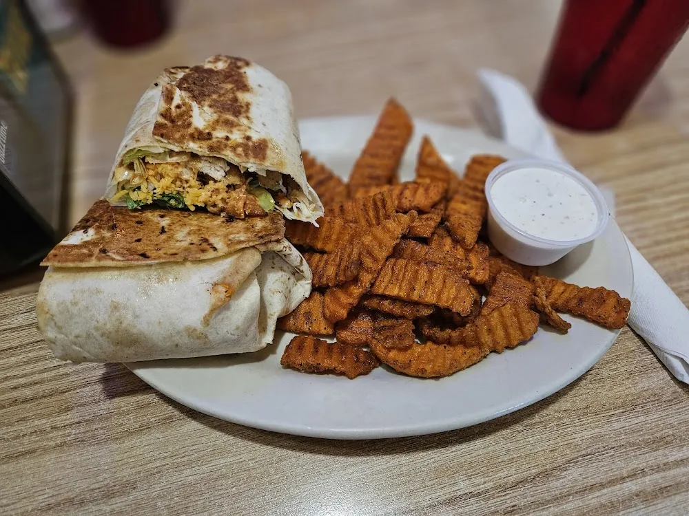 Buffalo Chicken Wrap and Sweet Potato Fries